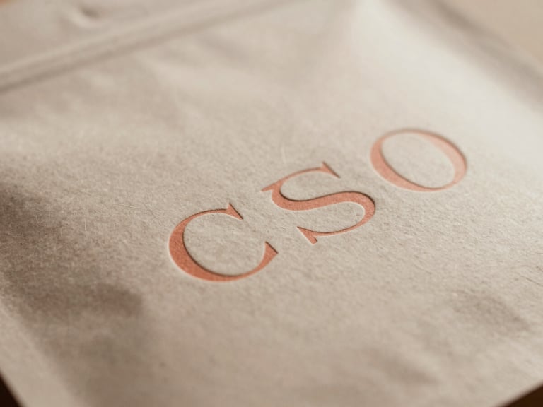 Close-up of premium cosmetic packaging with embossed minimalist typography, tactile paper texture under soft sunlight, muted beige and coral tones, shallow depth of field