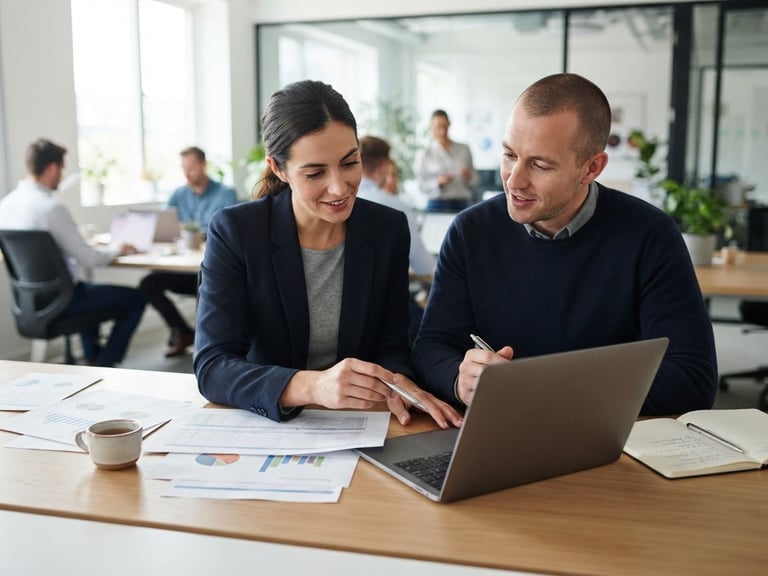 Professional corporate photography, bright natural office lighting, clean desk setup with a laptop and documents, focus on collaboration, navy and grey tones, sharp focus, 35mm.