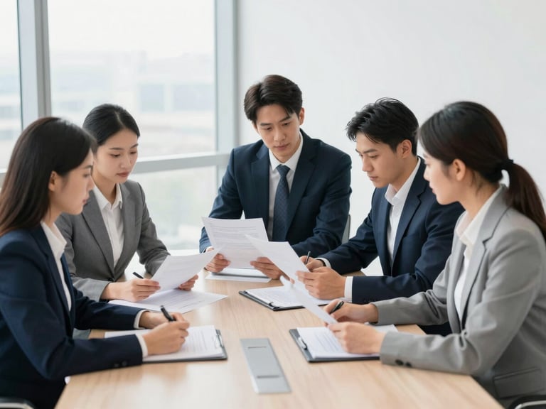 Team members collaborating over documents in a modern meeting room, professional corporate photography, bright natural light, 35mm.
