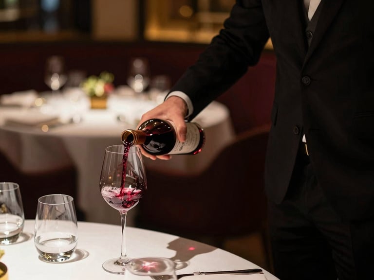 Serveur en costume sombre, main tendue pour verser du vin dans un verre en cristal, éclairage doux et chaleureux, arrière-plan flou d'une salle de restaurant élégante.