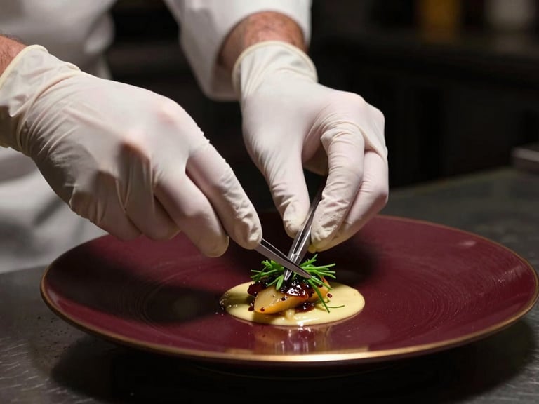 Mains de chef avec des gants blancs, utilisant une pince fine pour placer une micro-herbe sur un plat, mise au point sélective, ambiance de cuisine feutrée.
