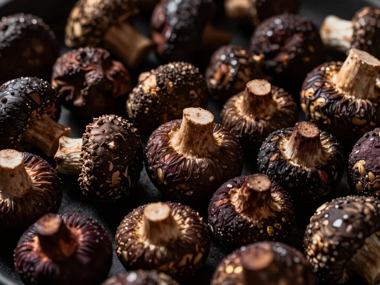 Gros plan sur des truffes noires du Périgord fraîchement récoltées, légèrement terreuses, éclairage latéral dramatique, tons sombres et riches.