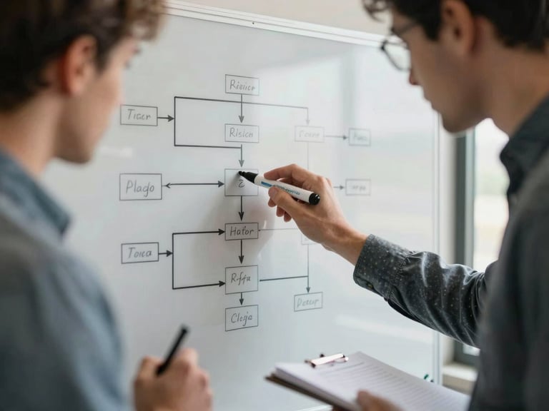 Close crop of two engineers leaning over a whiteboard, one pointing at a process flow diagram with a marker, the other making notes on a notepad, warm indoor daylight from a window to the right, hands and diagram in focus, no faces visible