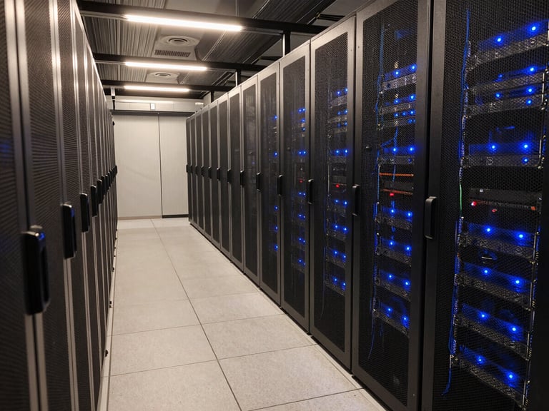 Wide environmental shot inside a colocation data centre, rows of illuminated server rack units receding into the background, cool blue indicator lights, warm overhead strip lighting casting sharp shadows on cable management panels