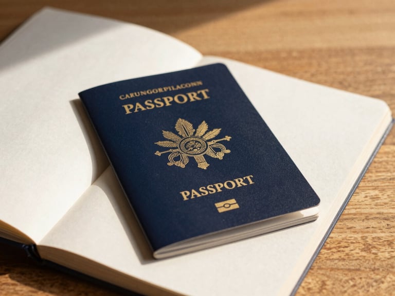 Gros plan sur un passeport ouvert avec un visa tamponné, posé sur une table en bois clair, lumière naturelle et nette.