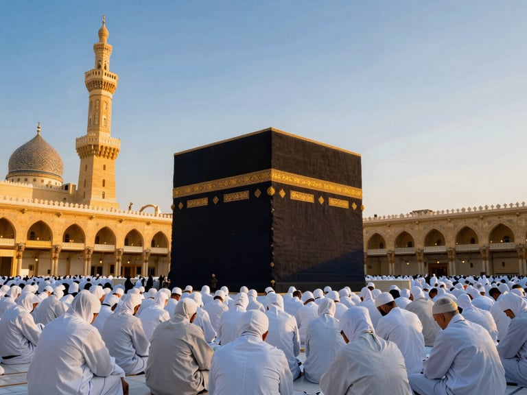 Vue panoramique de la Kaaba à la Grande Mosquée de La Mecque, éclairée par le soleil du matin, avec des pèlerins en prière, tons dorés et bleus.