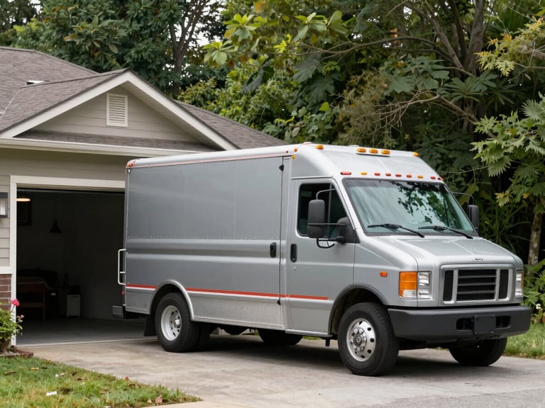 Wide shot of a service truck parked in front of a suburban home garage, with the garage door partially open, natural daylight, focus on the truck and door.