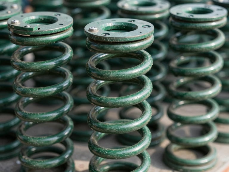 Close-up of a new, heavy-duty garage door torsion spring, brightly lit, sharp focus, showing the coil and mounting hardware.