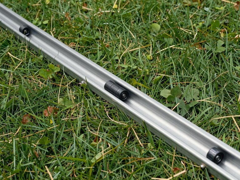 Eye-level shot of a clean garage door track, showing the rollers inside, with a slight bend being corrected by a tool, bright daylight.