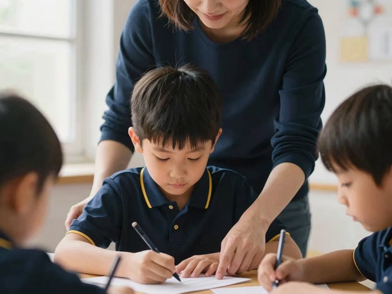 Parent gently assisting a child with a school project in a warm, collaborative setting, soft natural window light, deep navy and gold accents, shallow depth of field, 35mm.