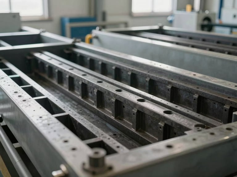 Bright, natural light photo of a pool manufacturing facility, showing industrial molds and structured pool frames under quality inspection.