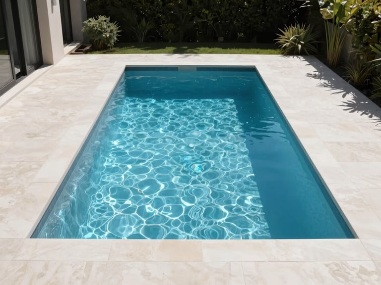 Wide-angle architectural shot of a modern rectangular pool integrated into a minimalist residential backyard, bright natural midday sunlight, crisp blue water.