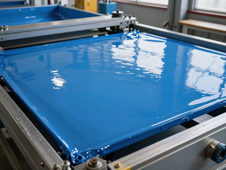 Close-up of industrial pool manufacturing, high-quality blue gelcoat application, precise engineering environment, natural bright daylight.