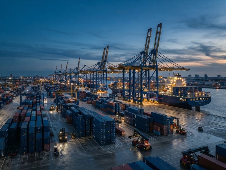 Wide-angle industrial shipping terminal at dusk, towering gantry cranes, stacked blue and navy cargo containers, sharp focus, cool desaturated tones, natural twilight.