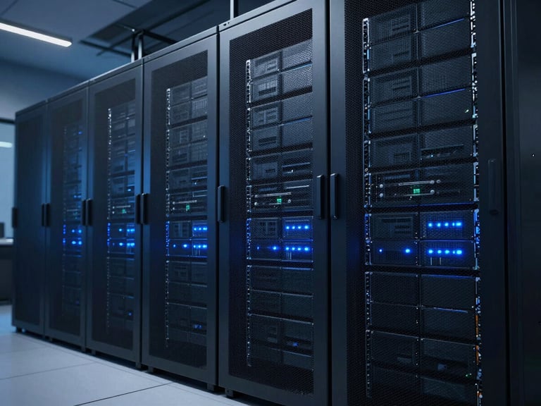 Wide shot of a modern, cool-toned server room, blue ambient light illuminating server racks, high contrast, sleek corporate technology photography, 35mm