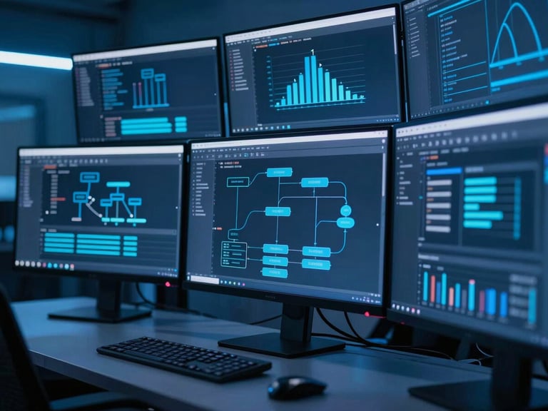 Developer workspace with multiple monitors displaying code, abstract architectural data flows, cool blue ambient lighting, high contrast, professional tech environment, 35mm