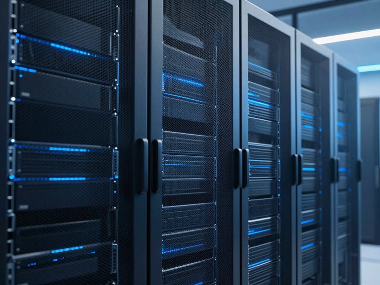High-end server racks in a data center, abstract architectural data flows, cool blue ambient lighting, high contrast, professional tech environment, 35mm