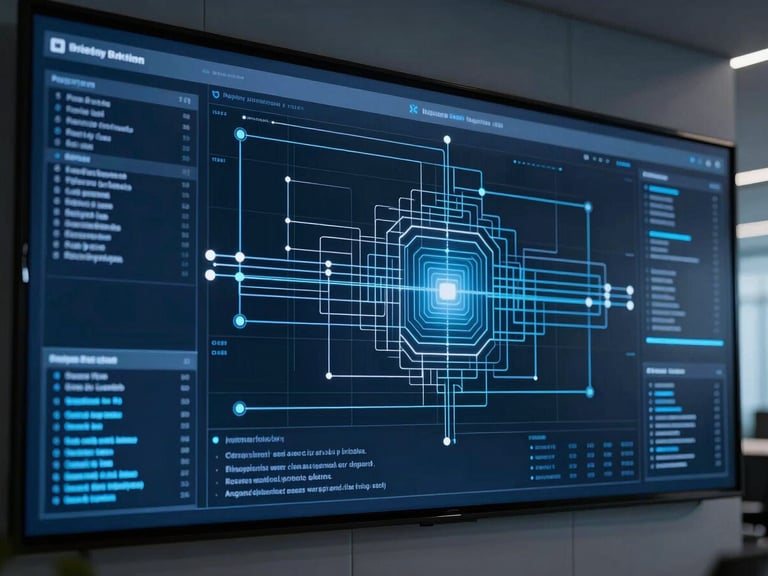 Abstract architectural data flow visualization on a large screen in a modern office, subtle blue accents, high contrast, sleek corporate technology photography, 35mm