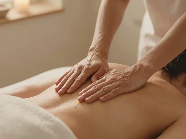 Close-up of hands applying warm, natural oils during a massage in a quiet, minimalist spa treatment room, soft, diffused light, natural textures. warm editorial photography, soft golden-hour light, muted beige and alabaster tones, shallow depth of field, 35mm film style.