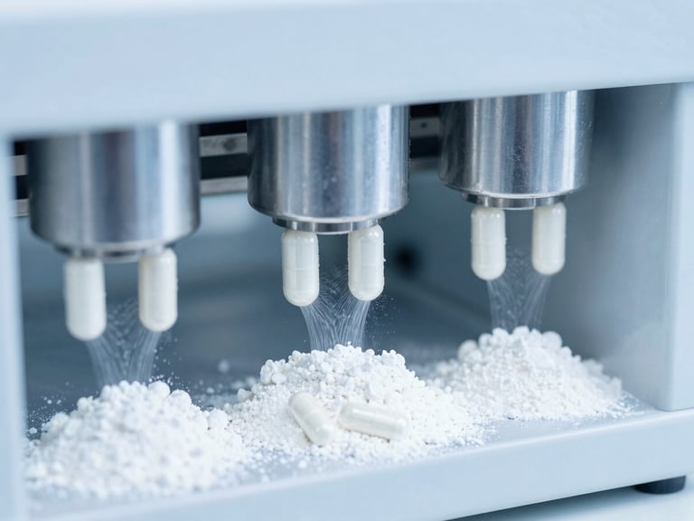 Pharmaceutical capsule filling machine in a cleanroom environment, showing clear capsules being filled with powder, bright high-key laboratory lighting, sterile cool blue and white tones, sharp macro focus, 35mm