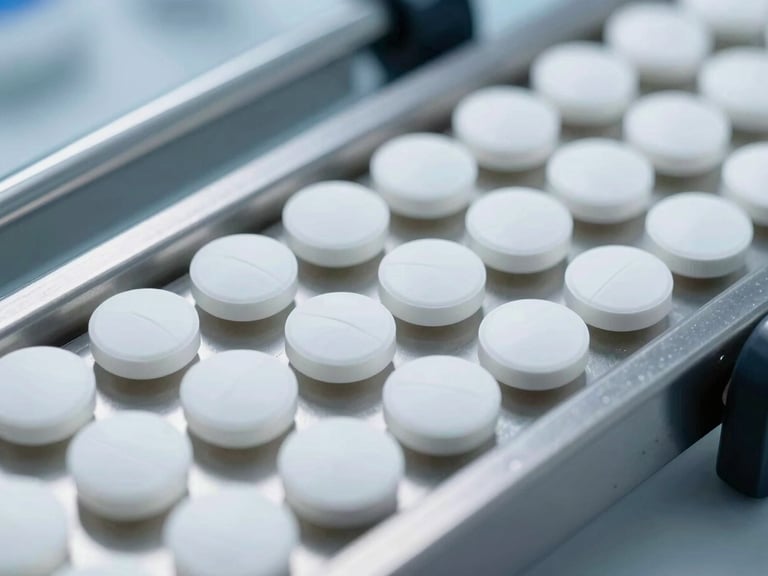 Close-up of pristine white pharmaceutical tablets on a stainless steel conveyor belt under bright, cool laboratory lighting, sharp macro focus, 35mm