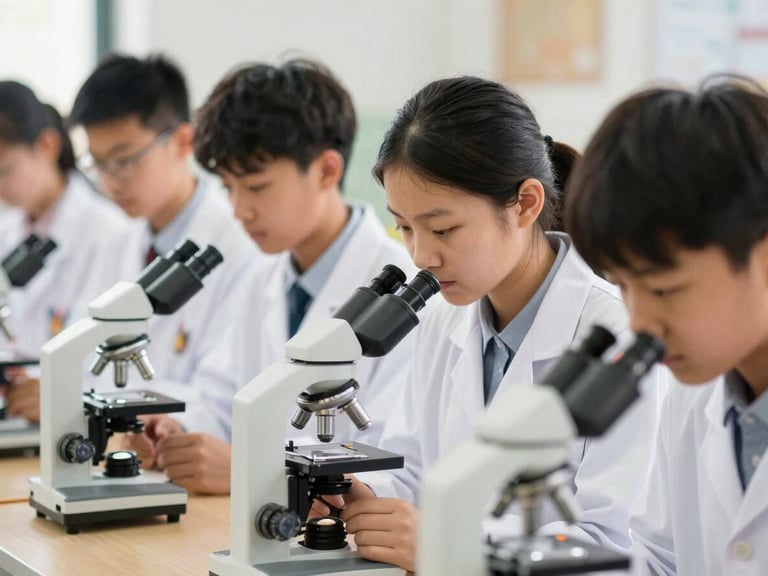 High school students in lab coats looking through a microscope in a bright science classroom, focused expressions, shallow depth of field.