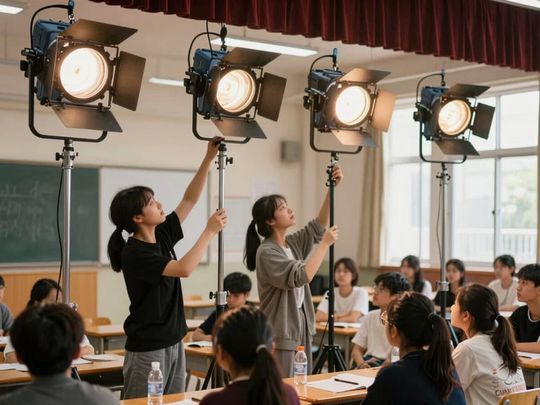 Drama students adjusting professional stage lighting fixtures in a school theater, warm spotlight beams, active engagement, rich natural tones.