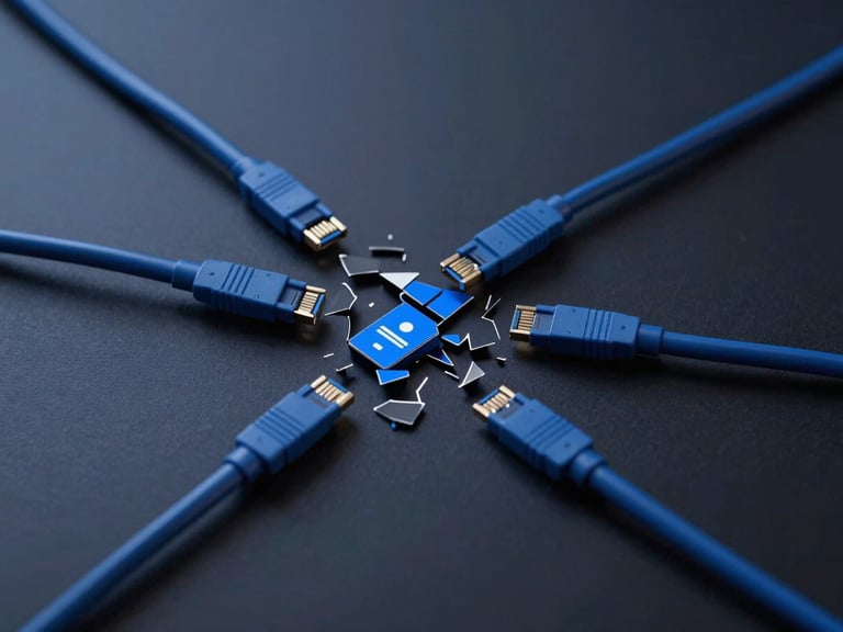 Sleek editorial technology photography, cool high-contrast studio lighting, deep slate and electric blue tones, macro 50mm, a tangled web of digital wires and broken data flow on a dark screen, representing a fragmented user journey, off-center.