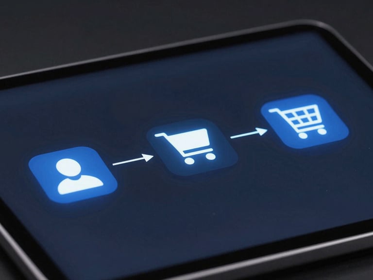 Sleek editorial technology photography, cool high-contrast studio lighting, deep slate and electric blue tones, macro 50mm, a clean, illuminated user flow diagram connecting a social media icon to a shopping cart icon on a digital tablet, representing an unbroken user journey, off-center.