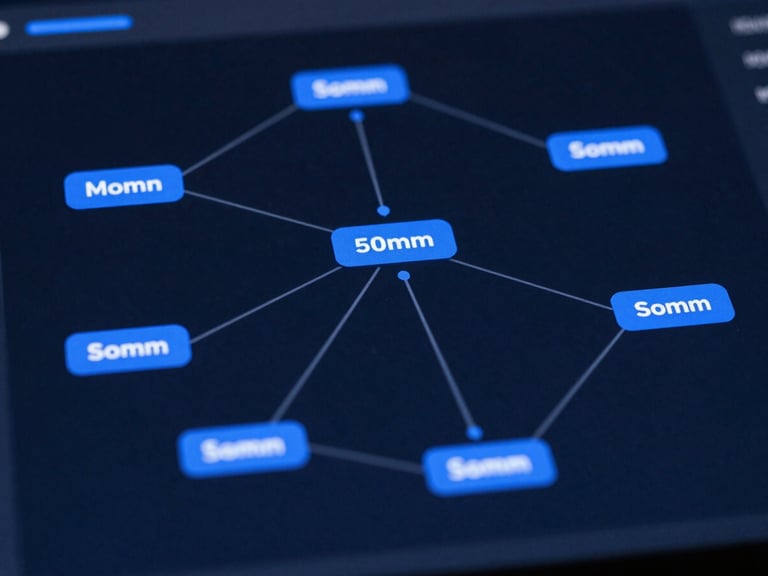 Close-up of a data visualization dashboard showing attribution model pathways, sleek editorial technology photography, cool high-contrast studio lighting, deep slate and electric blue tones, macro 50mm