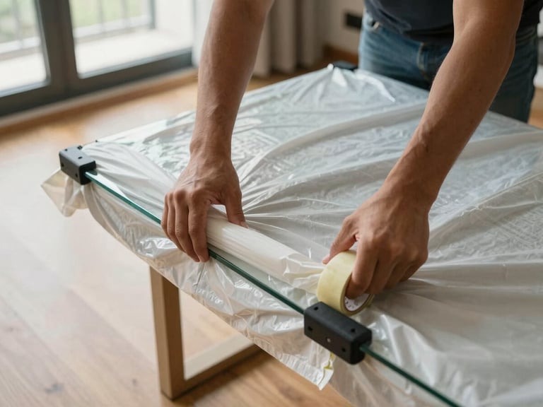 Close-up overhead shot of a mover's hands wrapping a glass-top table in protective moving blankets on a wooden floor, packing tape and corner guards visible, natural window light from the left, Dubai apartment interior background