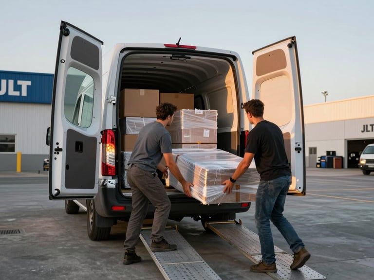 Wide shot of the open rear doors of a moving van parked at a JLT building dock, two movers loading wrapped furniture up a ramp, golden hour light catching the van interior, boxes stacked securely inside, concrete loading bay visible