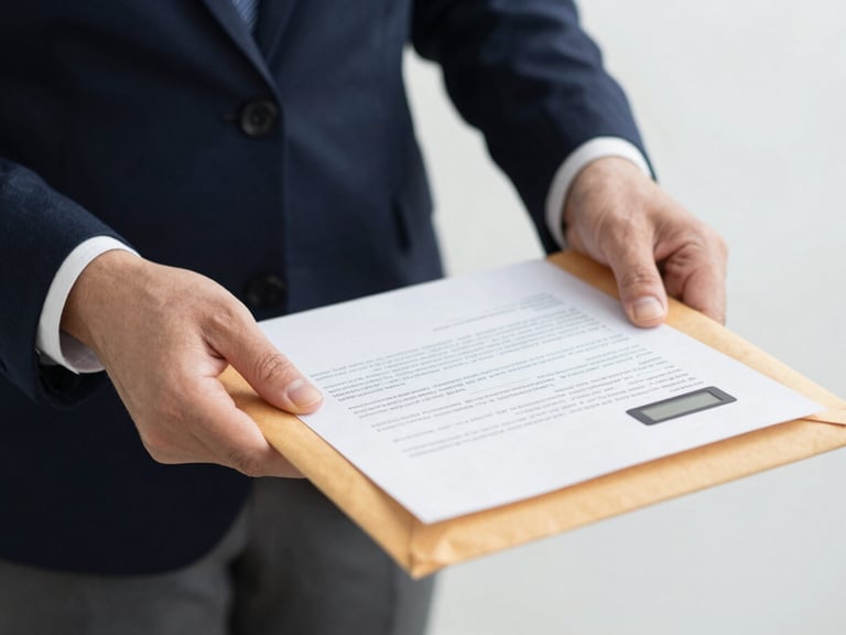 Close-up of hands placing legal documents into a secure envelope, GPS device visible, crisp overcast daylight, professional corporate photography, 35mm.
