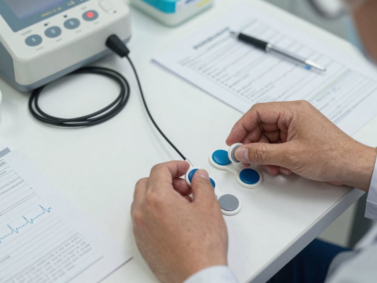 Close-up overhead view of a physician's hands placing calibrated electrodes for an ECG exam on a clinical table, organized wires and labeled medical forms visible alongside, clean clinical lighting, tidy organized workspace conveying protocol discipline