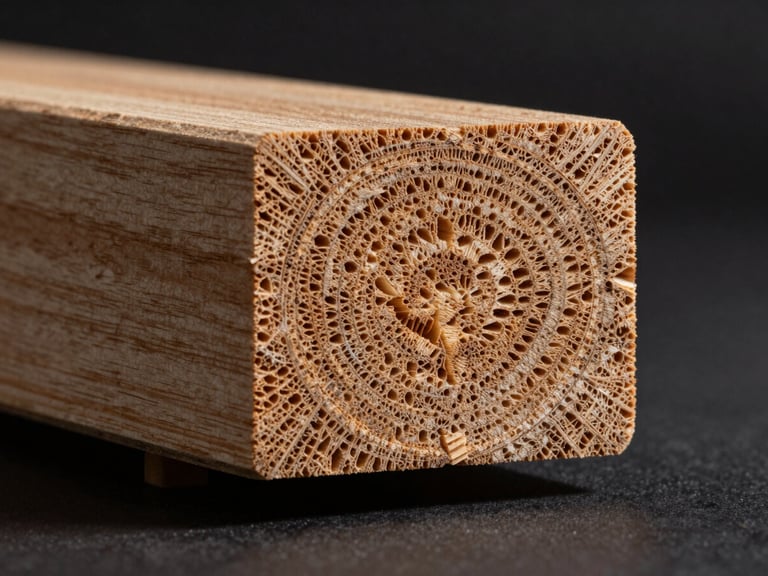 Macro shot of high-end engineered timber cross-section showing dense, complex grain under sharp dramatic key light, dark charcoal background.