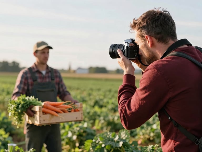 A candid shot of a photographer holding a vintage camera, capturing a farmer holding a crate of fresh carrots in a sunlit field