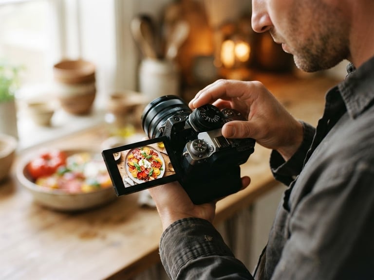 Close-up of a professional camera screen displaying a vibrant heirloom tomato salad, soft Scandinavian window light, hands adjusting the lens in a warm rustic kitchen setting, 35mm photography