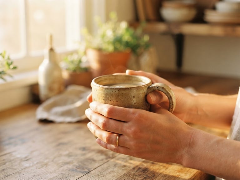 Hands gently holding a warm, heavy-bottomed stoneware mug, sunlit kitchen counter in soft focus, golden hour window light, tactile ceramic textures, shallow depth of field, 35mm