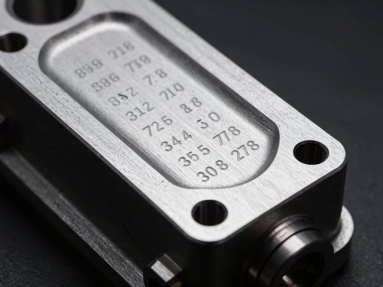 Macro close-up of a pristine, metallic engine component with laser-etched serial numbers, high-contrast studio lighting, dark industrial background