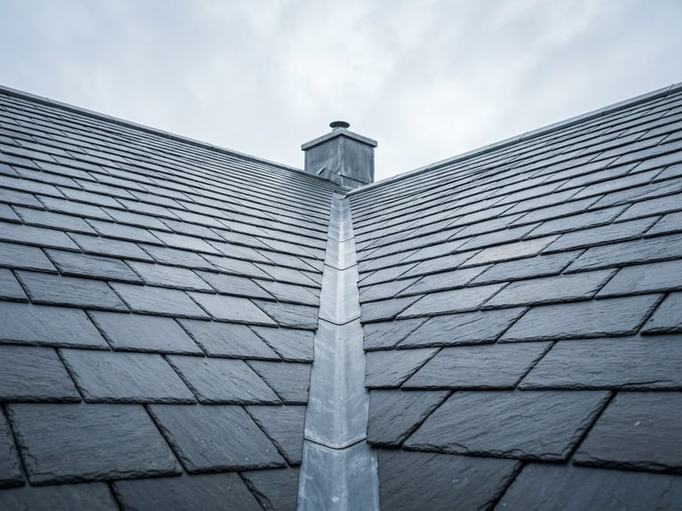 Low-angle architectural shot of a perfectly aligned natural slate roof against a crisp overcast sky, sharp focus, 35mm lens