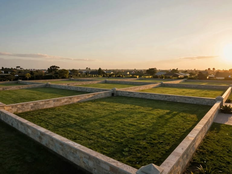 Wide-angle architectural shot of a sprawling green residential land parcel, bordered by elegant low stone walls, dramatic low-angle sunlight, warm golden hour tones, 35mm