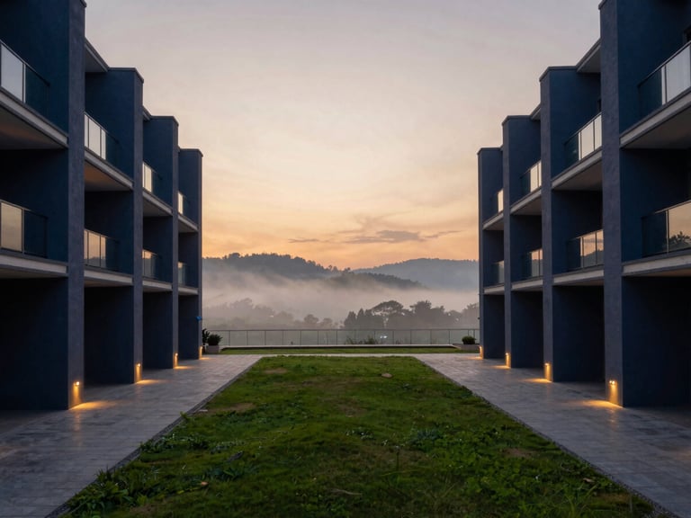 Symmetrical architectural composition of an elevated land plot overlooking a misty valley at twilight, warm accent lighting along paved pathways, deep navy tones