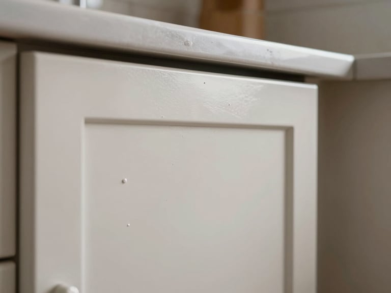 Extreme close-up of a dust-free kitchen cabinet refinishing setup, a freshly sprayed matte-finish cabinet door reflecting soft side-light, crisp edges.