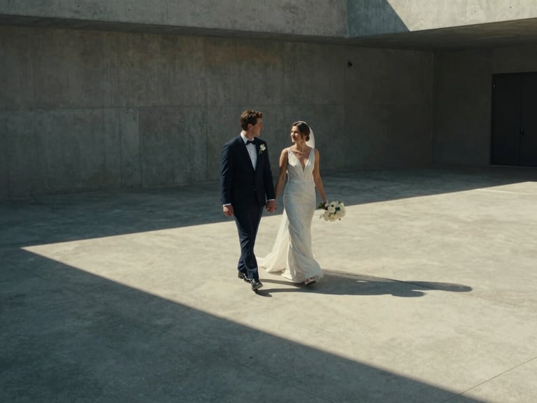 Cinematic wide shot of a bride and groom walking through a minimalist concrete courtyard, harsh side lighting casting long shadows, 35mm film grain, muted tones.