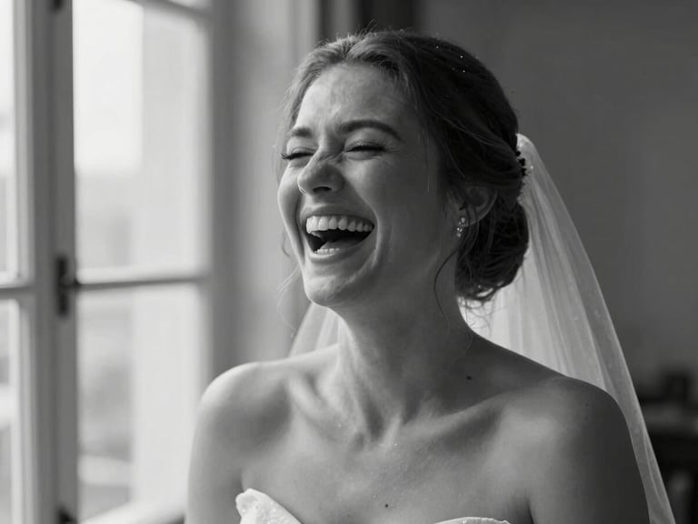 Cinematic medium shot of a bride laughing with her eyes closed, soft natural light from a window, black and white, highly emotional and unposed.
