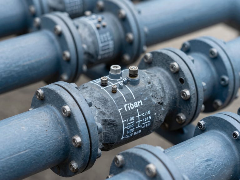 Close-up of manifold pipework with technical labels and flow indicators, crisp studio light, macro technical detail, slate and technical blue tones, sharp focus, high detail, 35mm