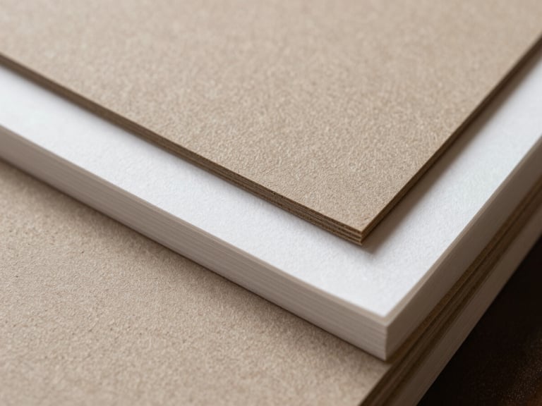 Extreme close-up of tactile materials, heavy textured paper swatches in warm taupe and bright white stacked neatly, soft natural daylight
