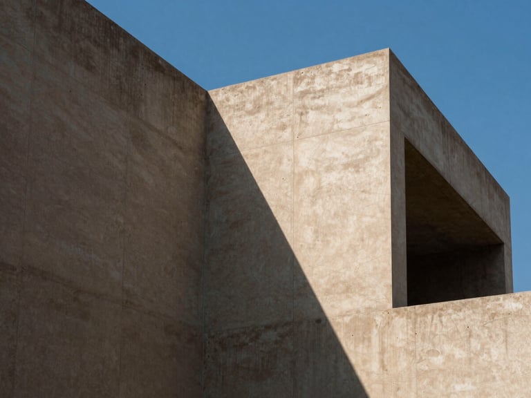 Abstract architectural detail showing sharp shadows on a warm taupe concrete wall, sky blue sky visible through a geometric opening