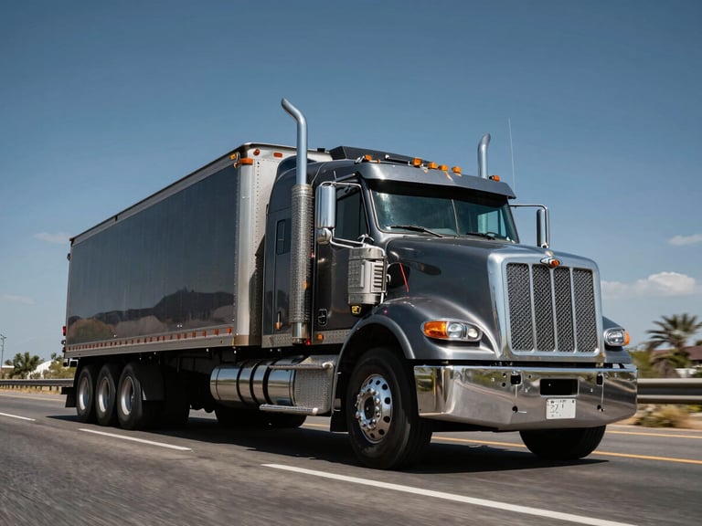 Low-angle dynamic shot of a heavy-duty transport truck driving on a Mexican highway during high-contrast daylight, deep metallic tones, sharp focus.