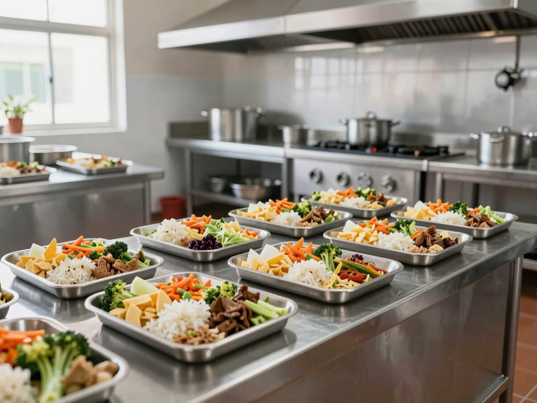 Wide shot of a clean, modern stainless-steel industrial kitchen in a Vietnamese school, organized meal trays with colorful healthy food, bright natural daylight, pristine and sterile environment.